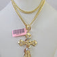 Real 14k Chain Cross Charm Set Miami Cuban Link 4mm Necklace Pendant Yellow Gold