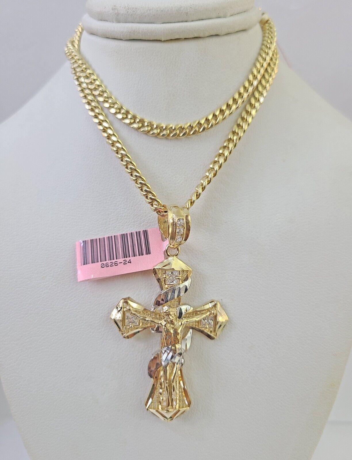 Real 14k Chain Cross Charm Set Miami Cuban Link 4mm Necklace Pendant Yellow Gold