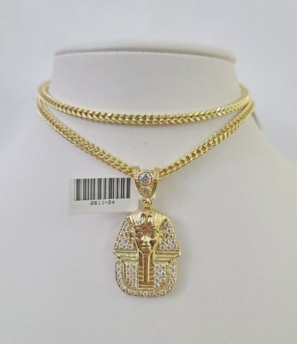 10K Franco Chain Pharaoh Pendant Charm Necklace 20"-26" 3mm Gold Yellow SET