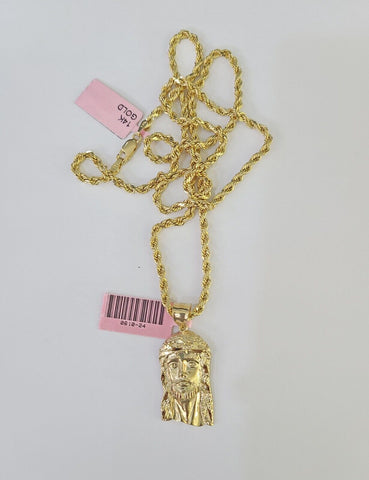 Real 14k Rope Chain Jesus Head Charm Set Yellow Gold 4mm 18-30" Necklace Pendant