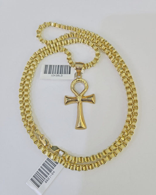 10k Gold Byzantine Necklace Jesus Ankh Cross Charm 18-28 inch 3mm SET Chain