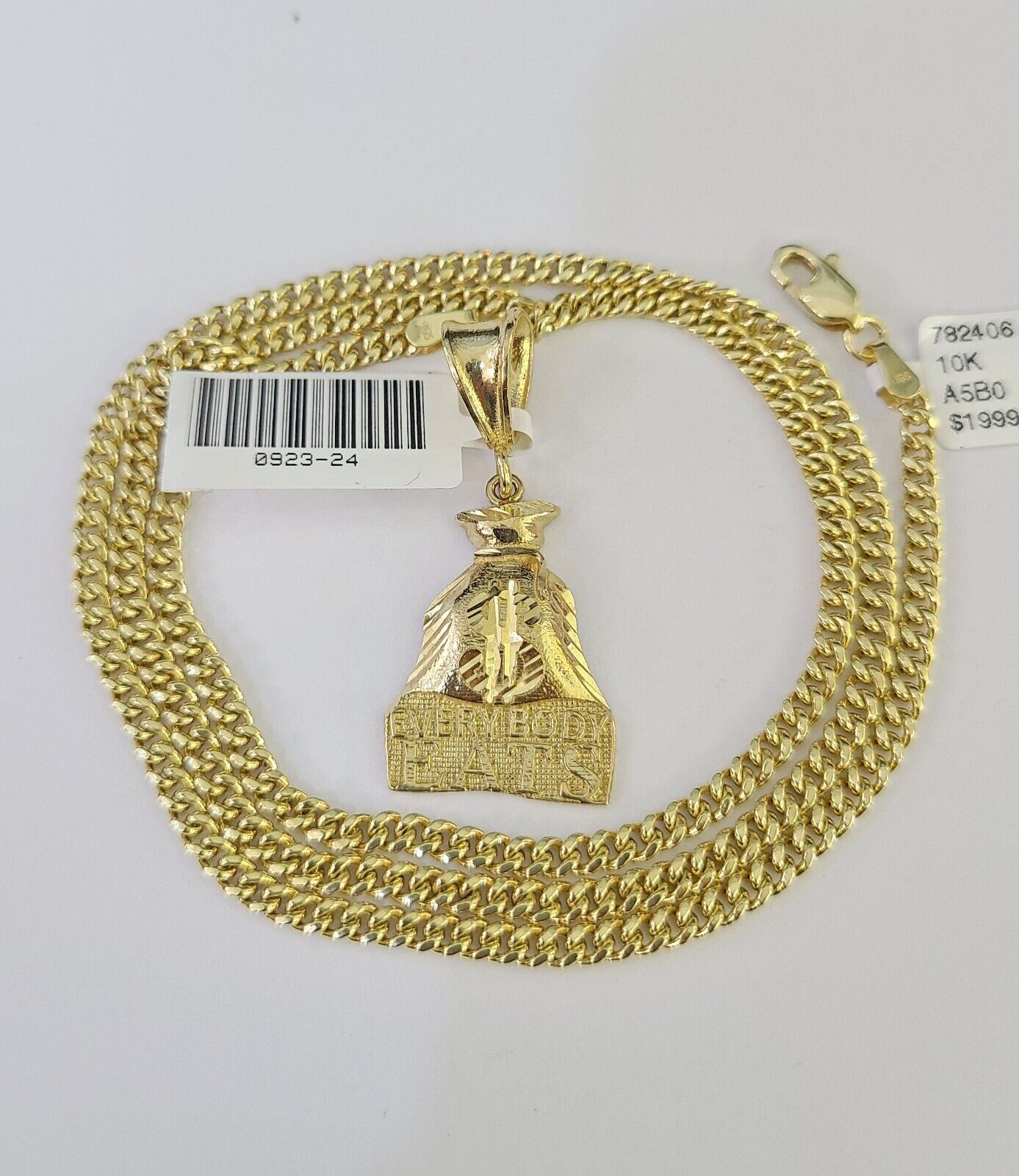 10K Gold Miami Cuban Chain Everybody Eats 18"-28" 3mm Pendant Necklace SET Charm