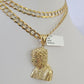 10k Solid Gold Cuban Curb Chain Jesus Head Pendant 6mm 20"-30" SET Necklace