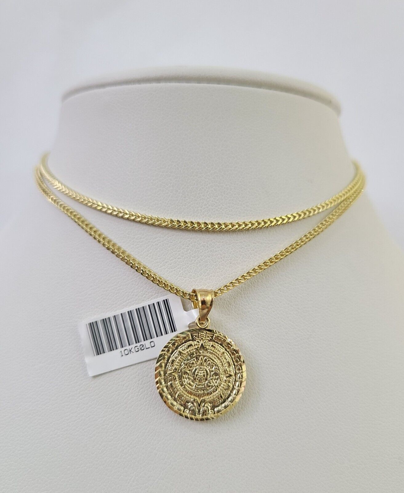 10K Franco Chain Mayan Calendar Pendant Charm Necklace 16"-24" 2mm Gold SET