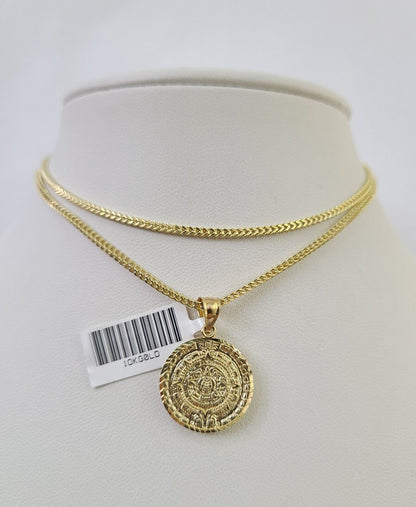 10K Franco Chain Mayan Calendar Pendant Charm Necklace 16"-24" 2mm Gold SET