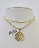 10K Franco Chain Mayan Calendar Pendant Charm Necklace 16"-24" 2mm Gold SET