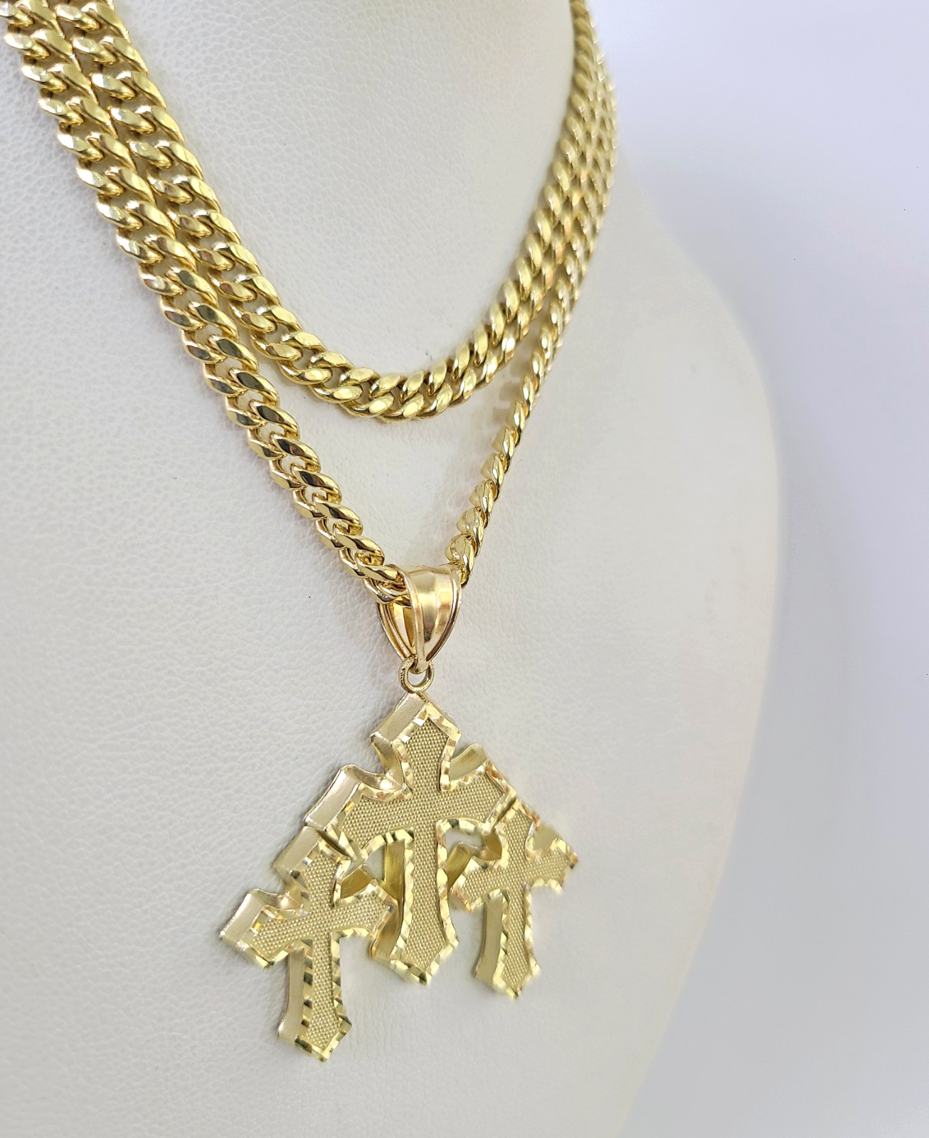 10k Triple Cross Charm Miami Cuban Chain Pendant Set 5mm 18"28" Necklace Gold