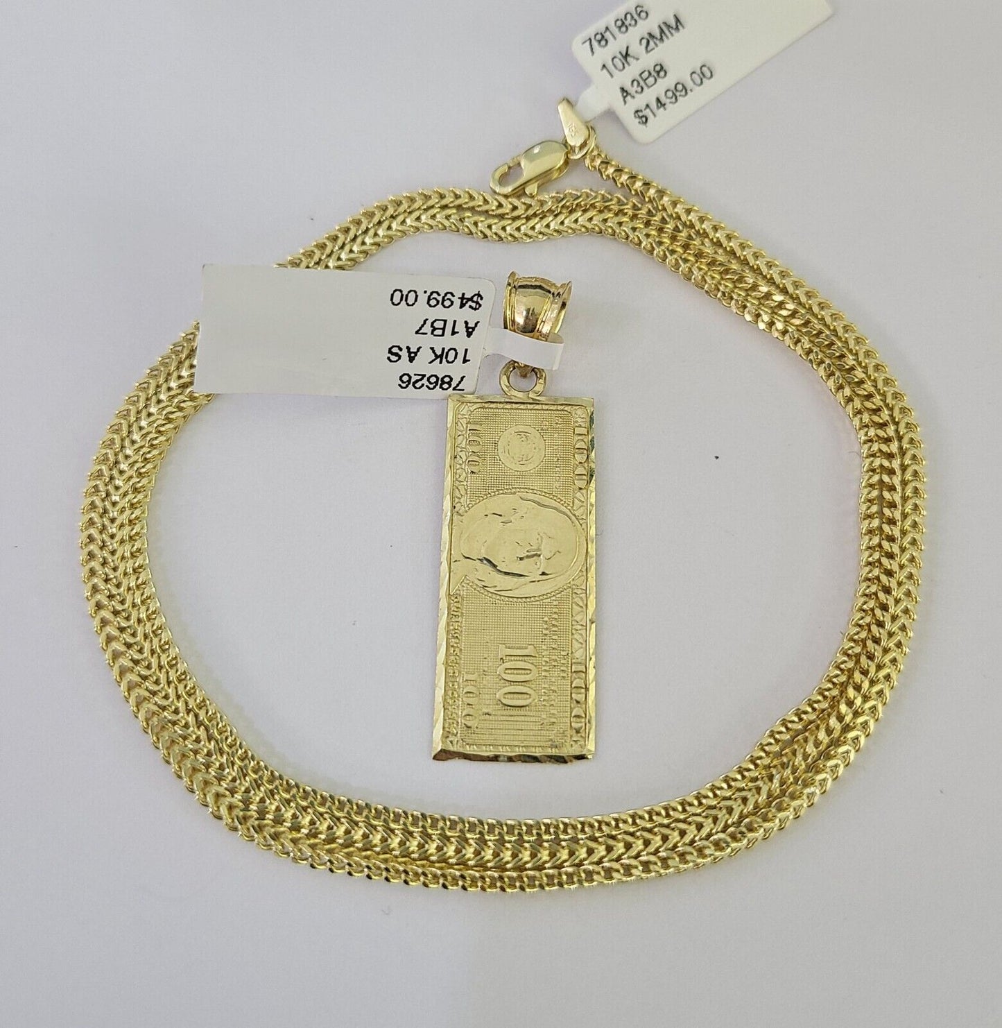 10K Franco Chain 100 Money Dollar Pendant Charm Necklace 16"-24" 2mm Gold SET