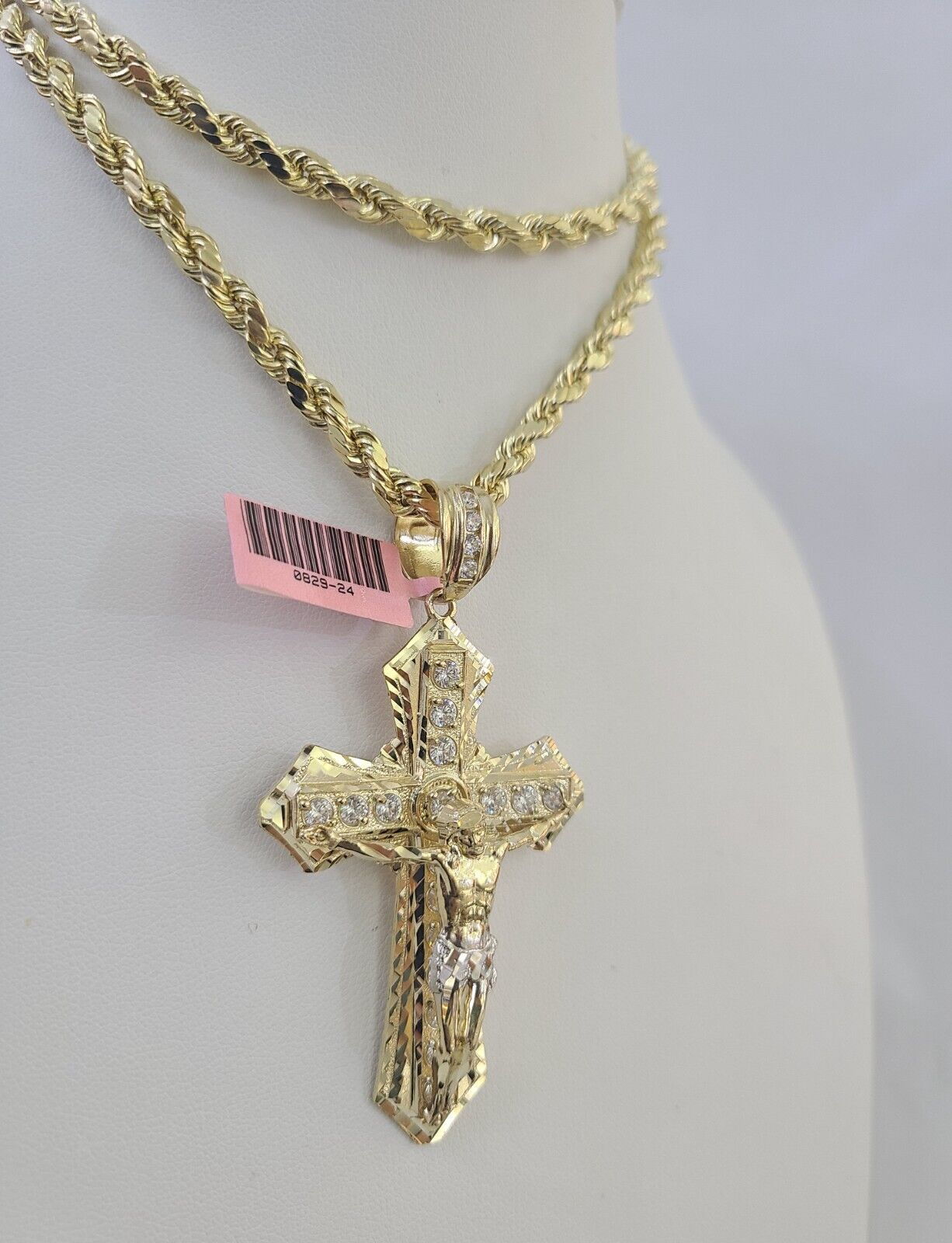 Real 14k Rope Chain Jesus Cross Charm Yellow Gold Set 5mm 20"-30" Necklace