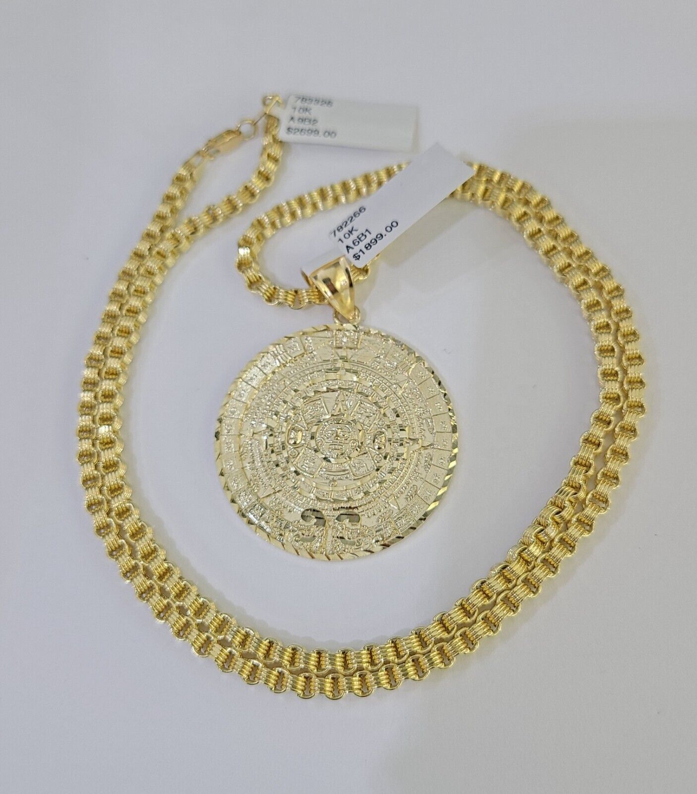 10k Gold Byzantine Necklace Mayan Calendar Charm 18-26 inches 3mm SET Chain