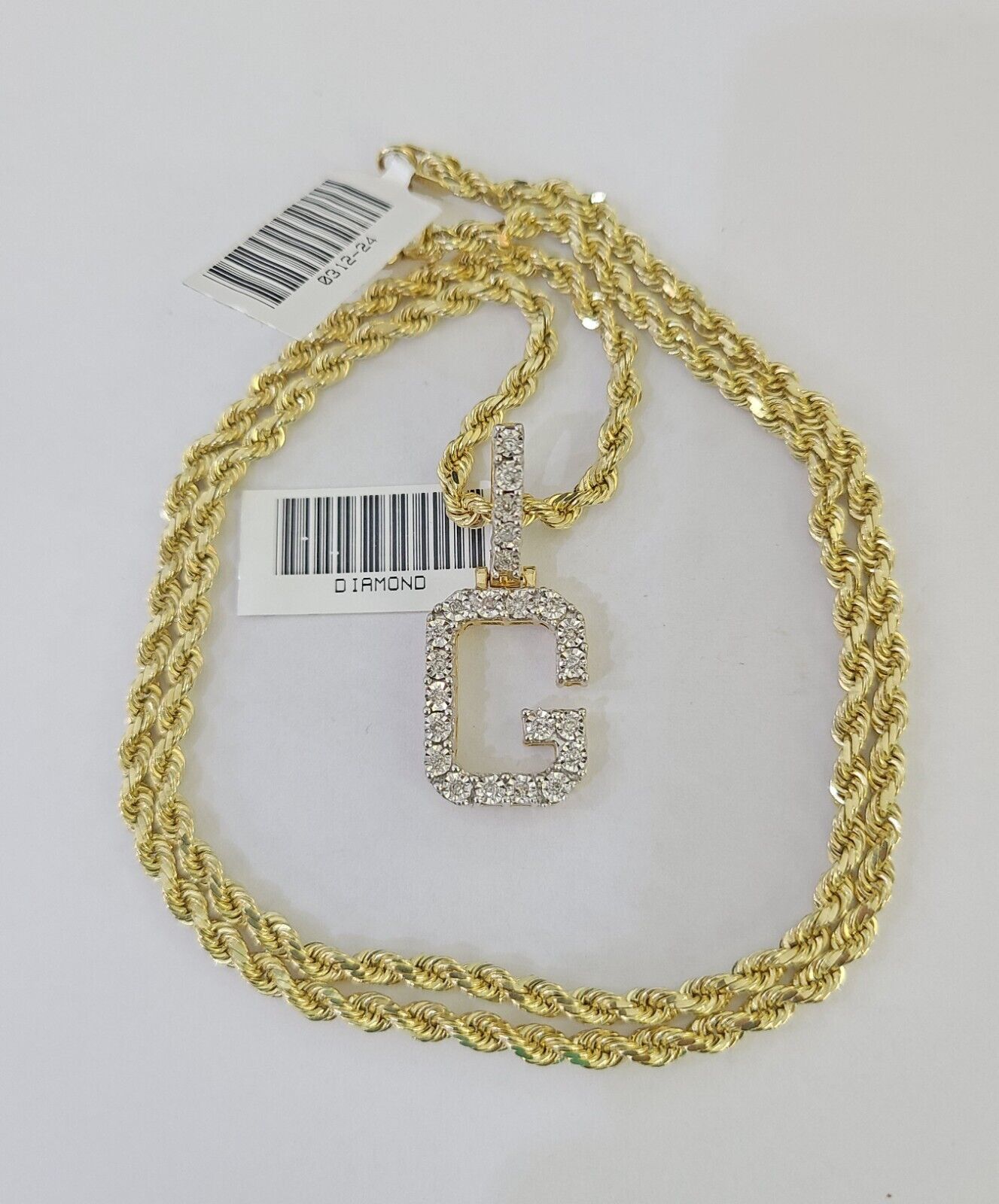 10k 3mm Rope Solid Chain G Diamond Pendant Alphabet 18"-28" Gold Charm Necklace