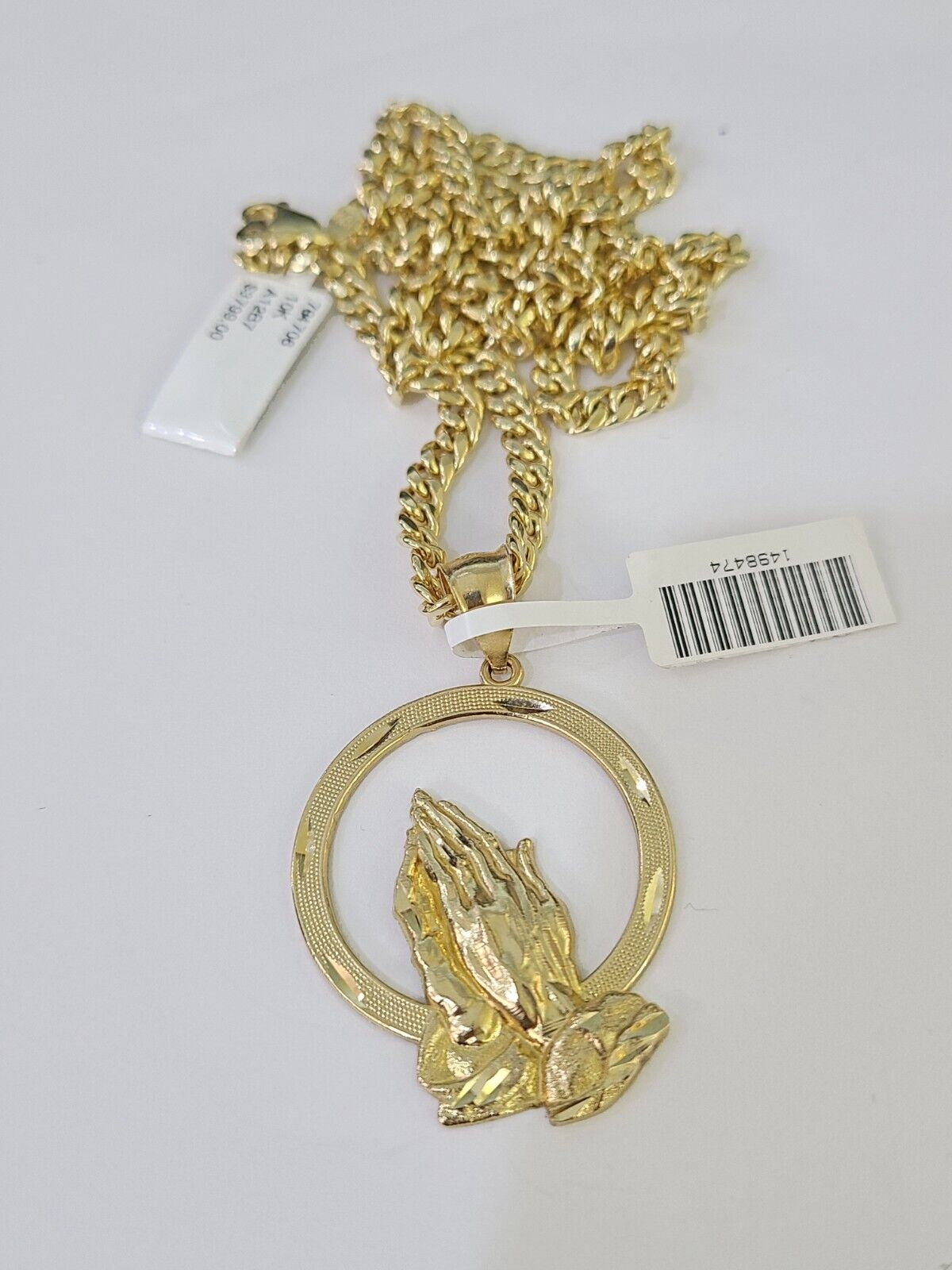 Real 10k Miami Cuban Chain Praying Hands Charm Set 4mm Yellow Gold Necklace