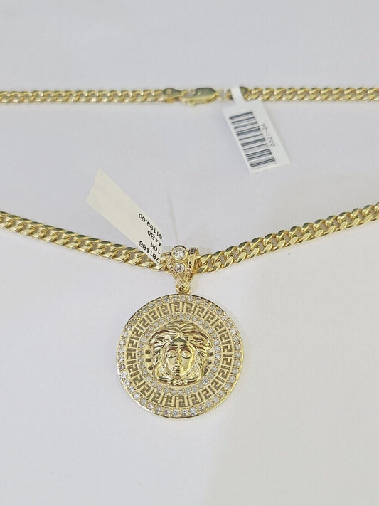 10k Yellow Gold Chain Head Charm Pendant Set 5mm Miami Cuban Link Necklace Real