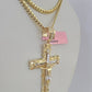 Real 14k Solid Chain Cross Charm Set Miami Cuban Link 3mm Necklace Pendant Gold