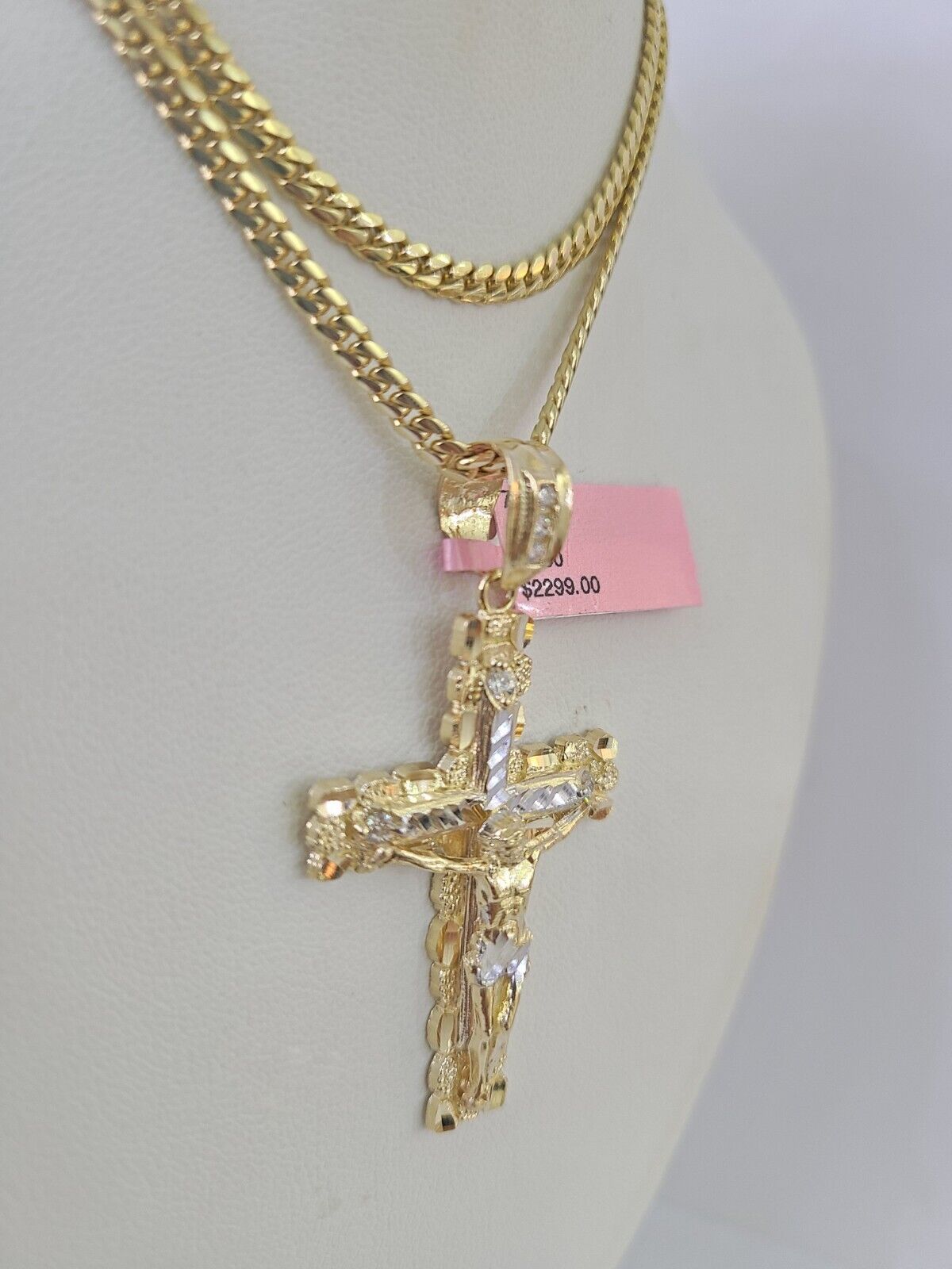 Real 14k Solid Chain Cross Charm Set Miami Cuban Link 3mm Necklace Pendant Gold