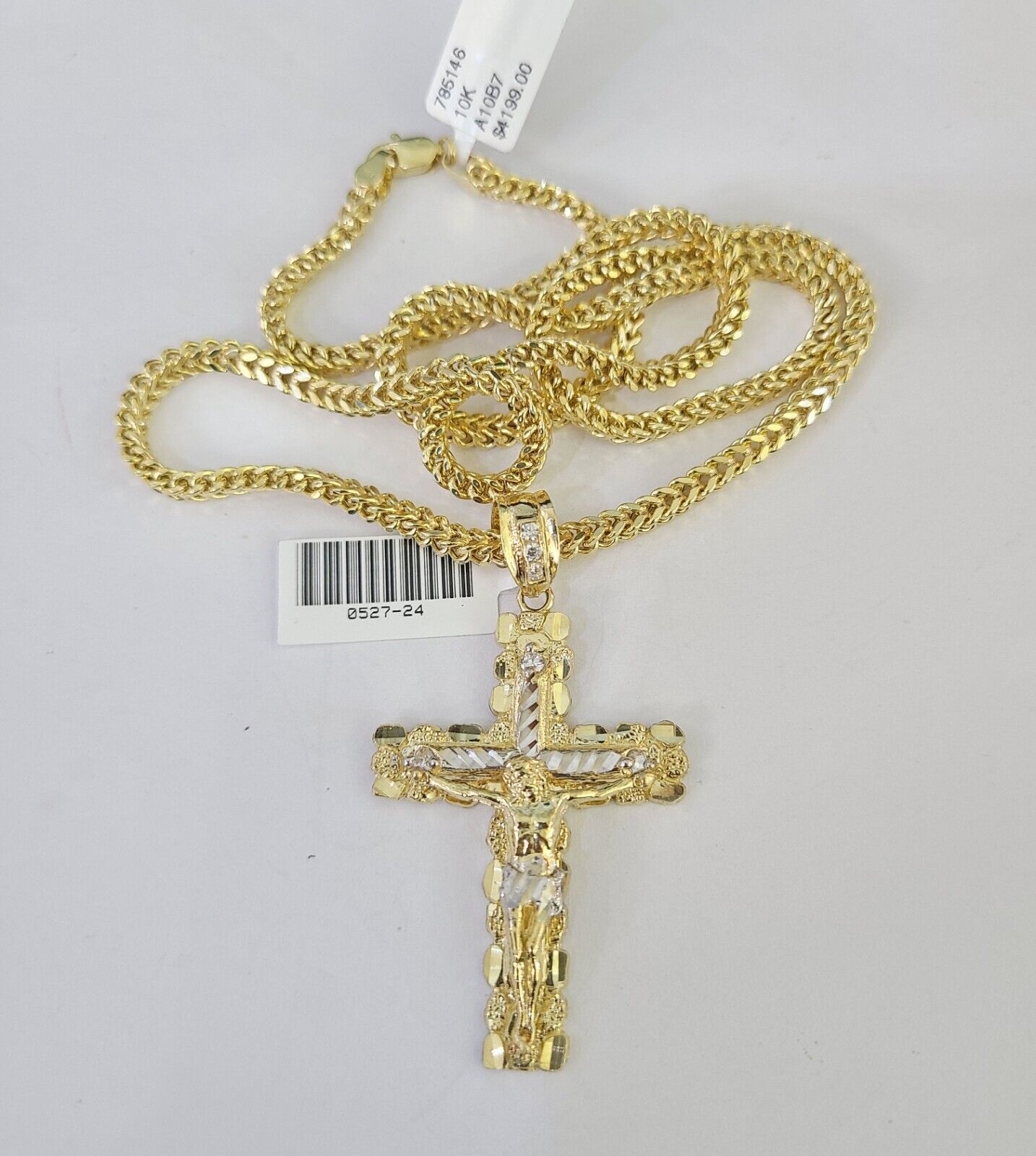 10K Franco Chain Jesus Cross Pendant Charm Necklace 20"-26" 3mm Gold Yellow SET