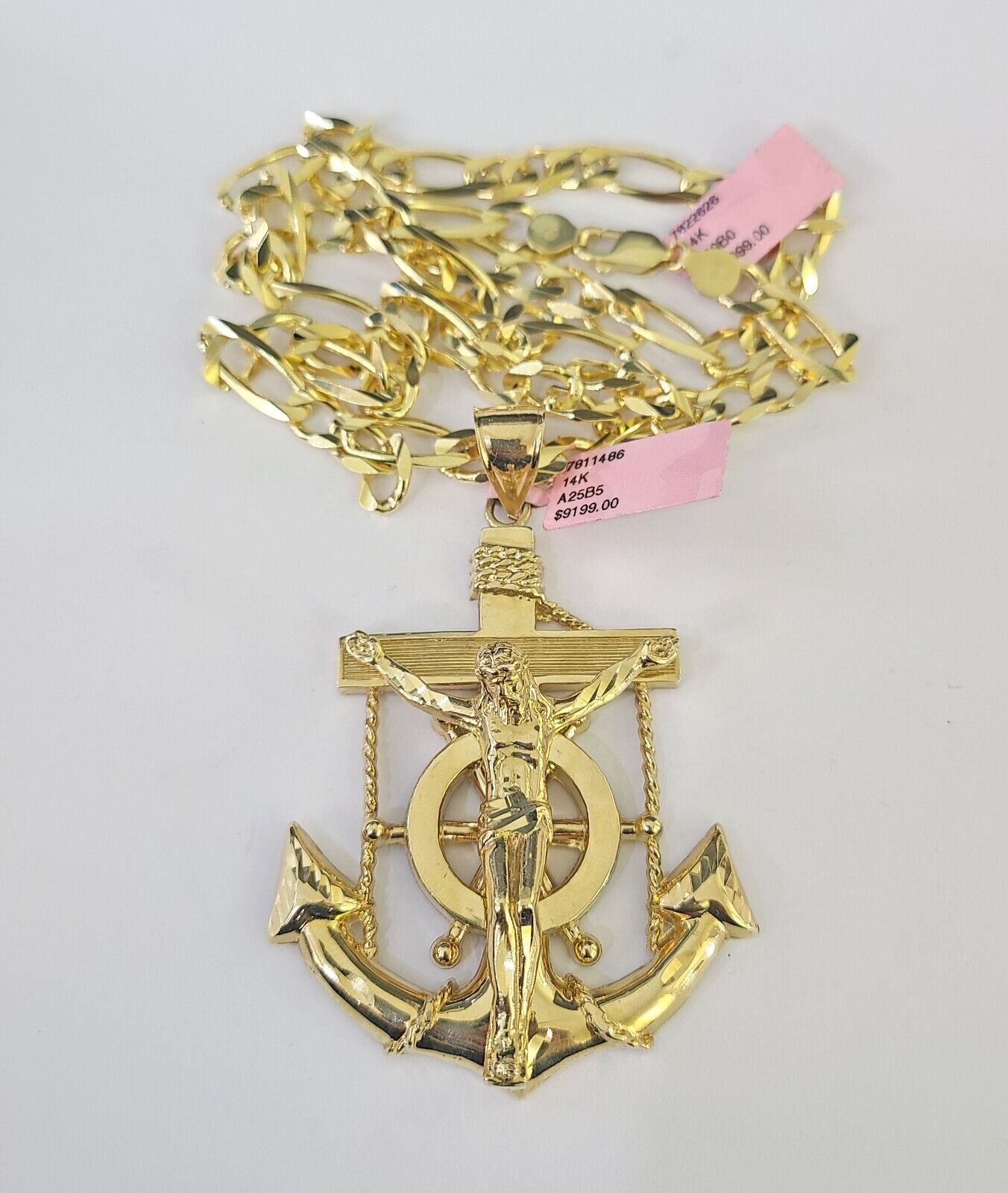 14k Figaro Chain Jesus Anchor Charm Pendant Gold 7mm 20-30 inch SET Necklace