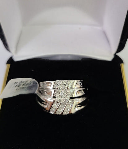 REAL 10k White Gold Diamond Ring Ladies Men Trio SET Wedding Engagement Genuine