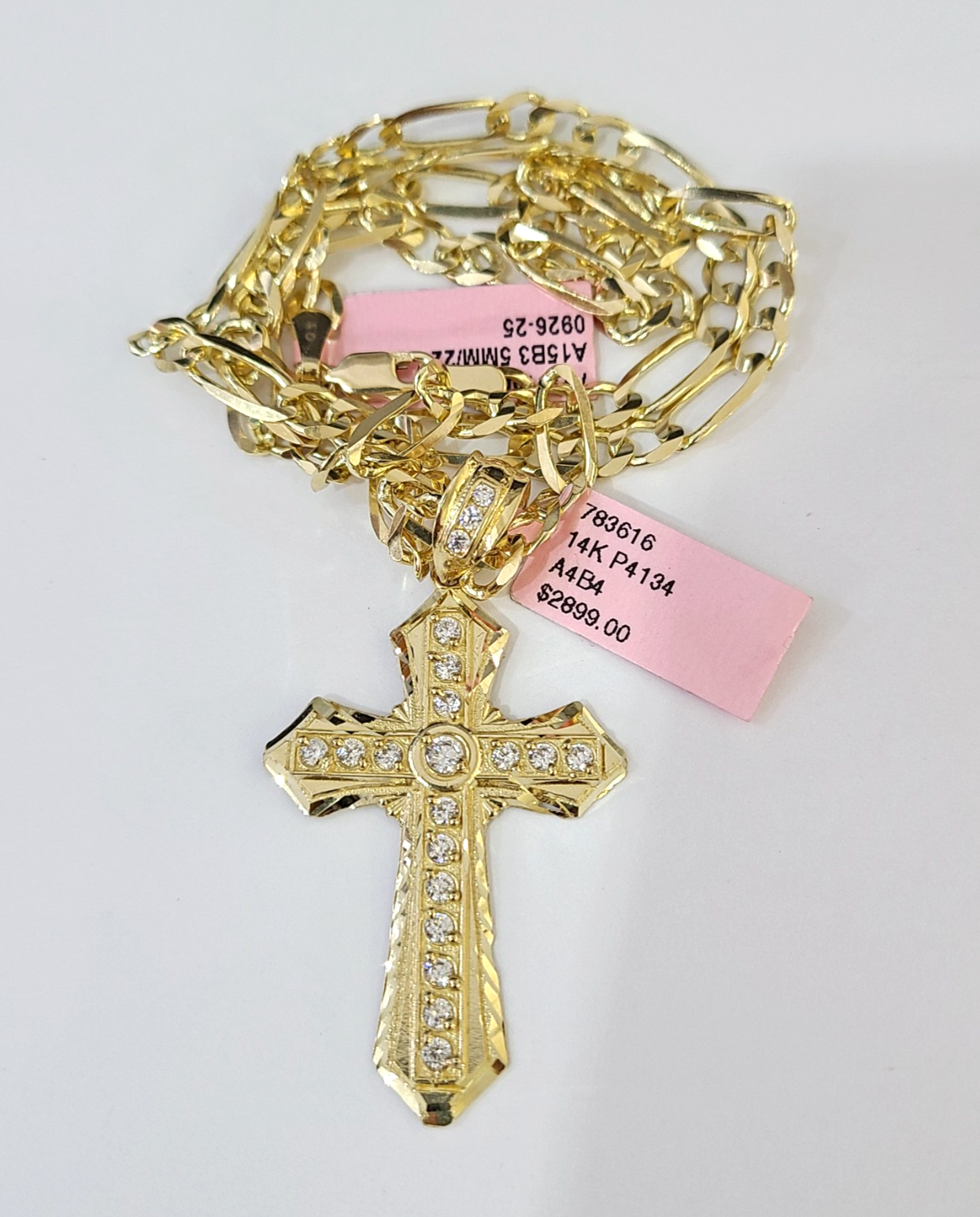 14k Solid Figaro Chain Jesus Cross Pendant Gold 4mm 18"-28" SET Necklace