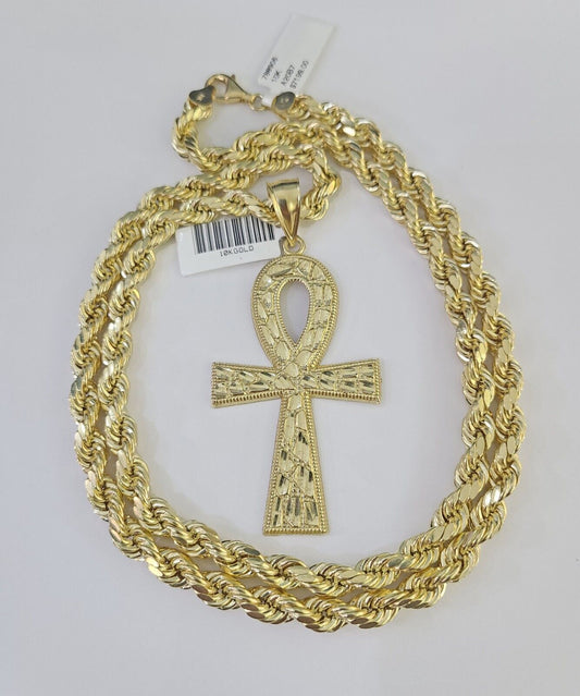 Real 10k Rope Chain Jesus Cross Charm Set 7mm 20"-28" Inch Necklace Yellow Gold