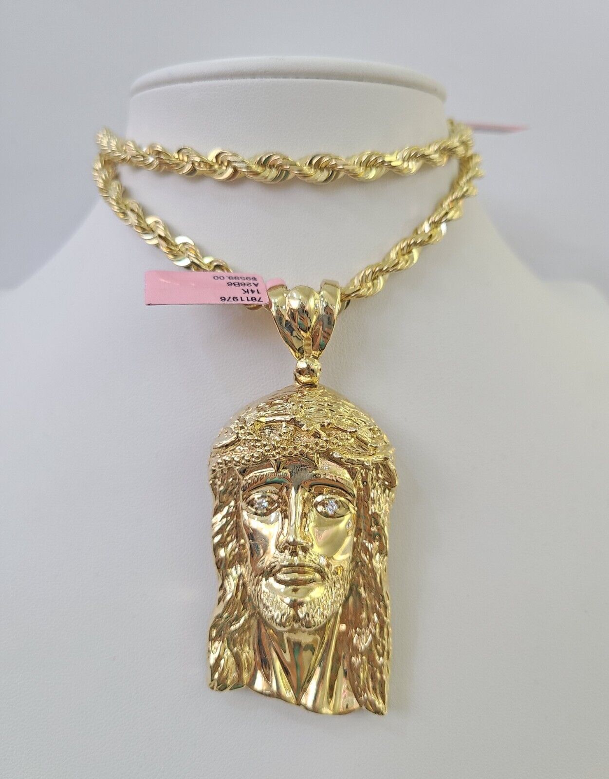 Real 14k Solid Rope Chain Jesus Head Charm Set 6mm 18"-30" Necklace Gold