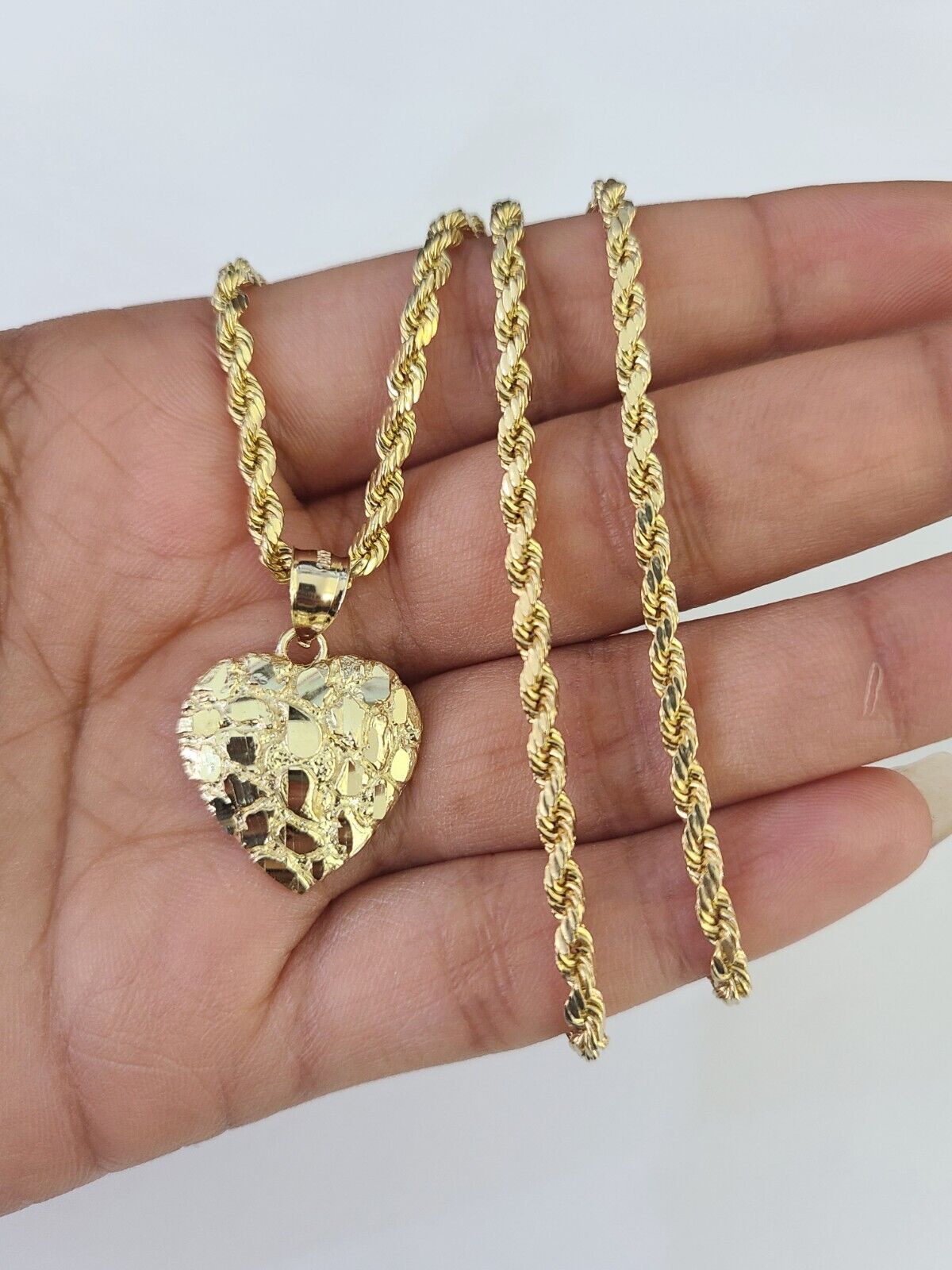 Real 10k Rope Chain Nugget Heart Charm Pendant SET Necklace 3mm 18"-24" Ladies