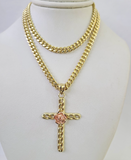 10k Jesus Cross Charm Miami Cuban Chain Pendant Set 5mm 18"28" Necklace Gold