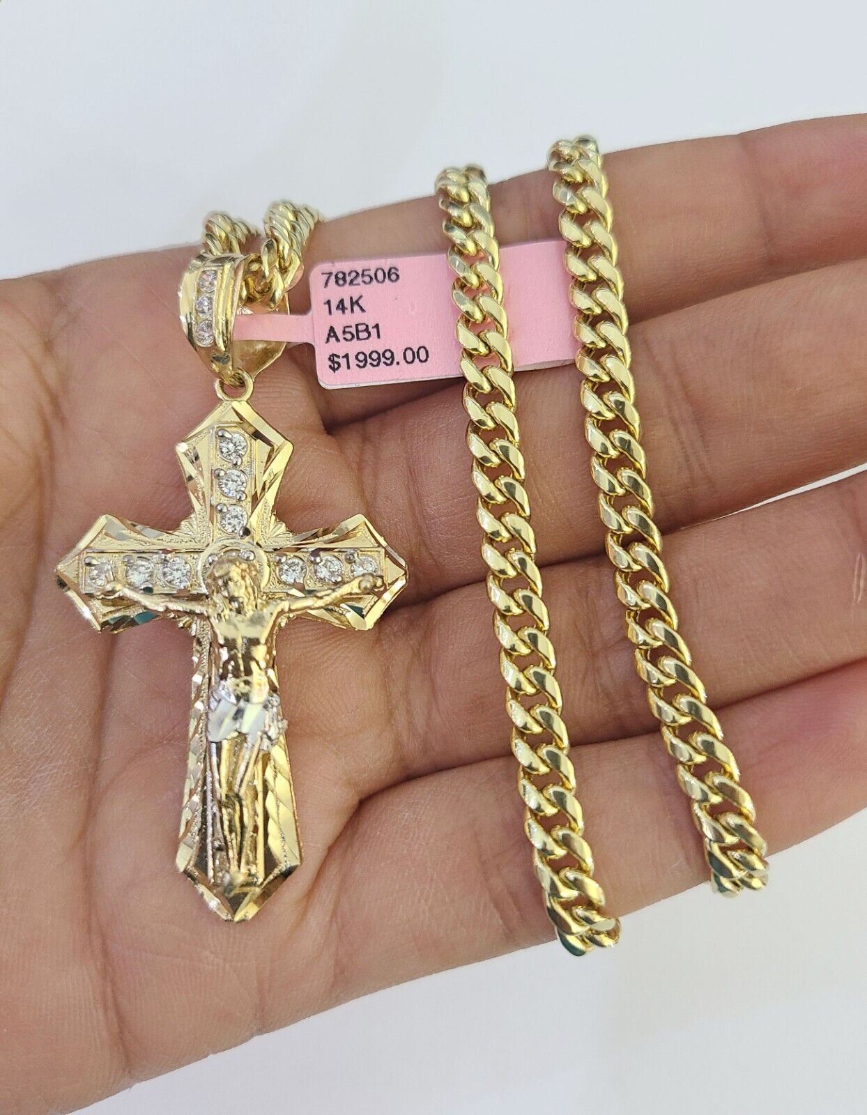 Real 14k Chain Cross Charm Set Miami Cuban Link 5mm 18"-30" Necklace Pendant