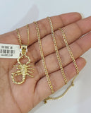 10k Gold Cuban Curb Chain Scorpio Pendant Two Tone Charm Set 2mm Necklace