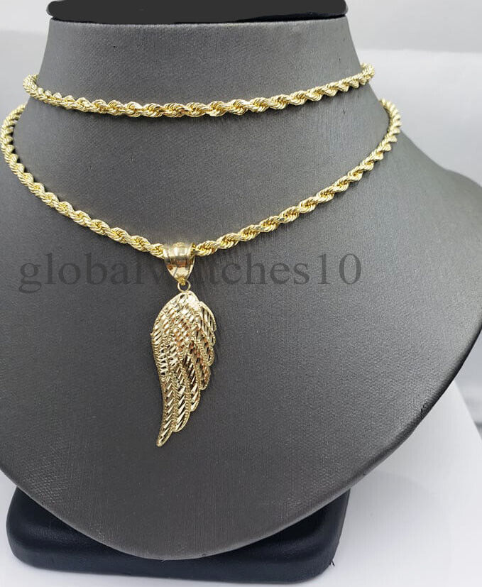 10k Yellow Gold Angel Wing Pendant Charm 10k Solid Rope palm Byzantine chain Set