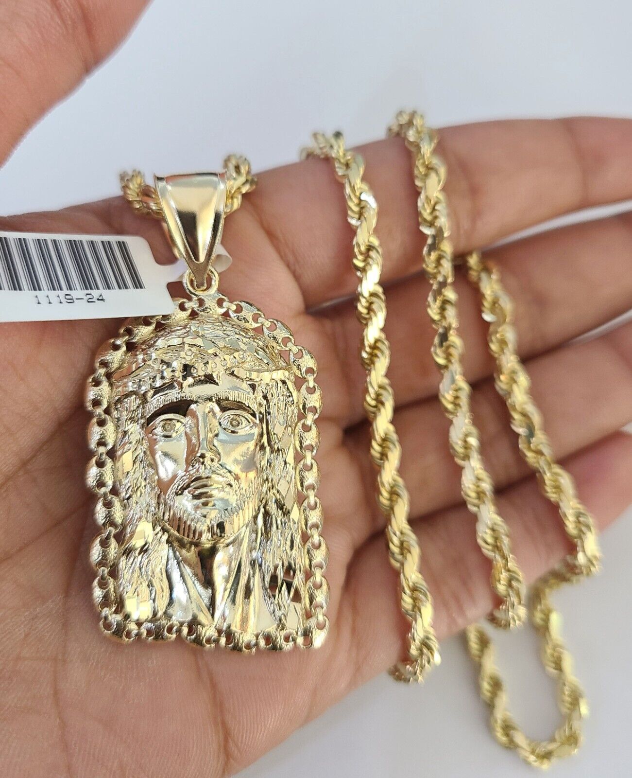 10k Solid Rope Chain 4mm Jesus Head Pendant Charm Necklace SET 20-28 in