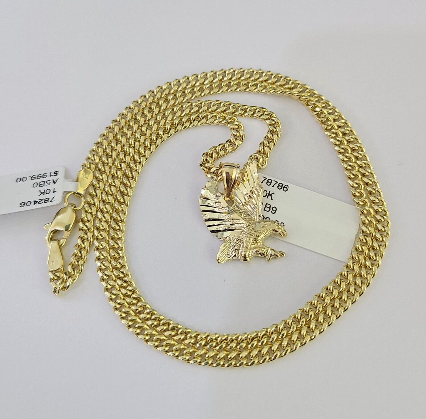 10K Gold Miami Cuban Chain Flying Eagle 18"-28" 3mm REAL Pendant Necklace SET