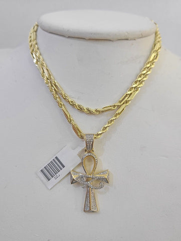 10k Milano Rope Chain Diamond Evil Eye Cross Charm Necklace SET 3mm 18"-24"