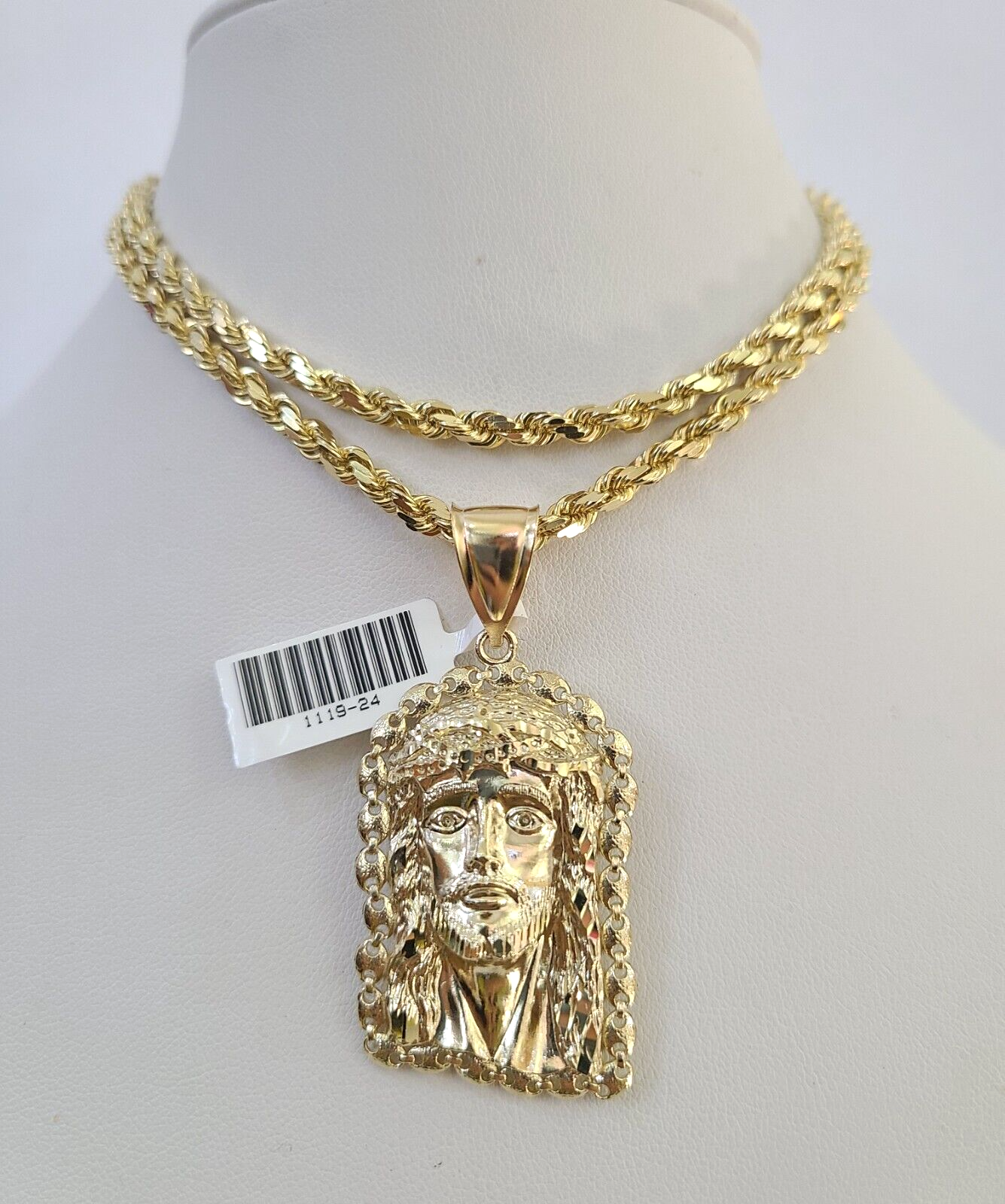 10k Solid Rope Chain 4mm Jesus Head Pendant Charm Necklace SET 20-28 in