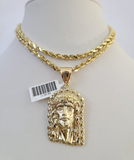 10k Solid Rope Chain 4mm Jesus Head Pendant Charm Necklace SET 20-28 in