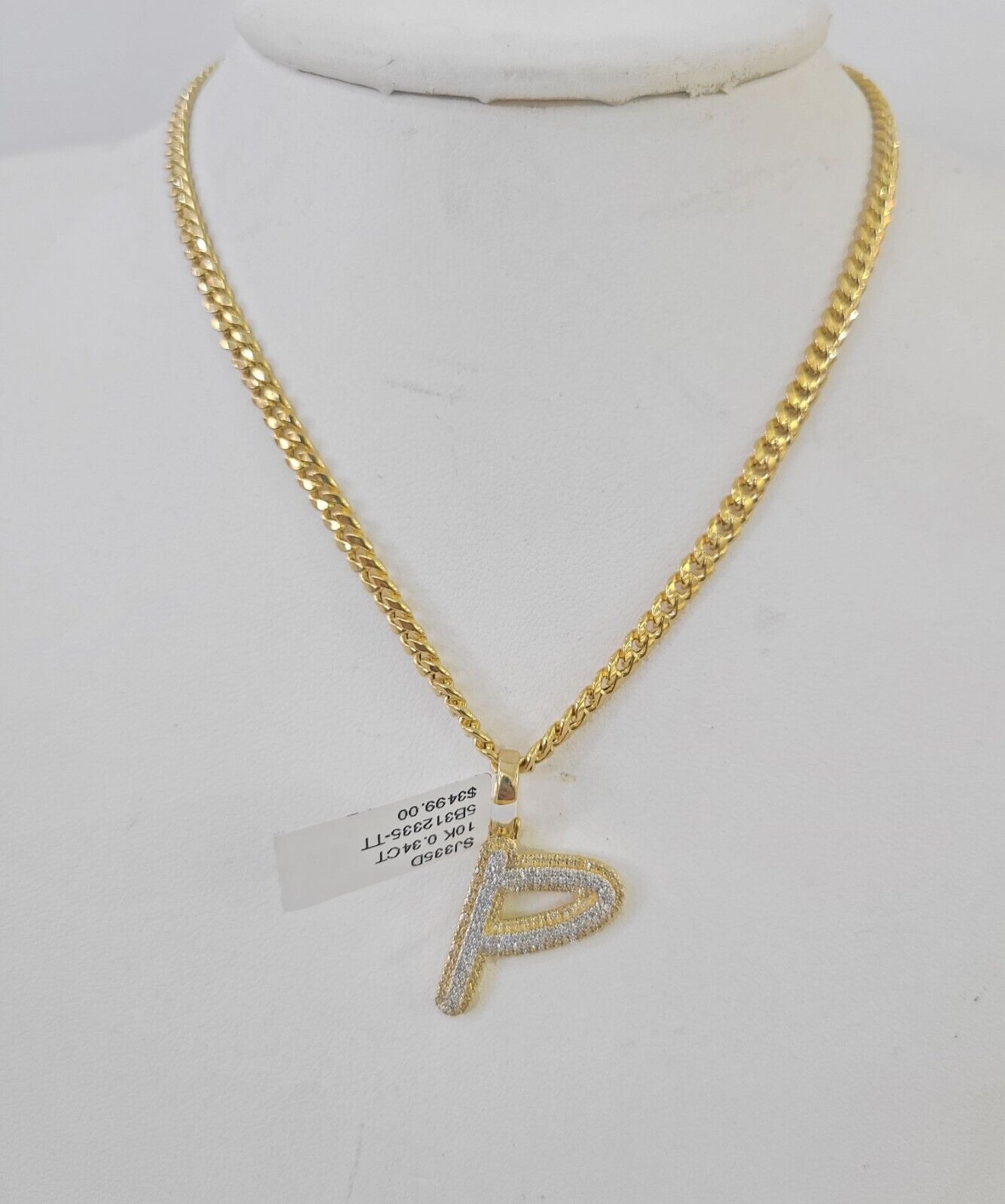 10k Miami Cuban Chain P Diamond Charm Set 4mm 18-26"Yellow Gold Necklace Pendant