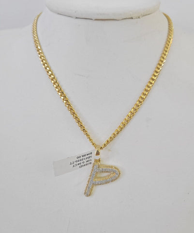 10k Miami Cuban Chain P Diamond Charm Set 4mm 18-26"Yellow Gold Necklace Pendant