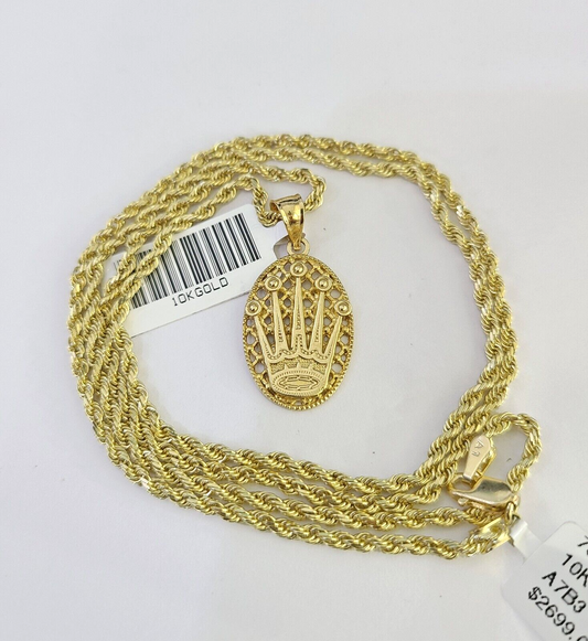 10k Solid Rope Chain Crown Pendant Charm Necklace 18-24" SET 2mm