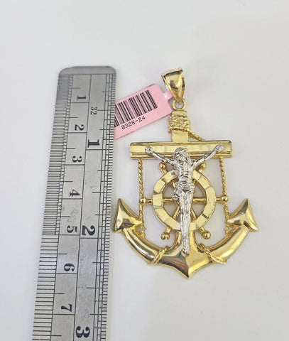 14k Figaro Chain Jesus Anchor Charm Pendant Gold 7mm 20-30 inch SET Necklace