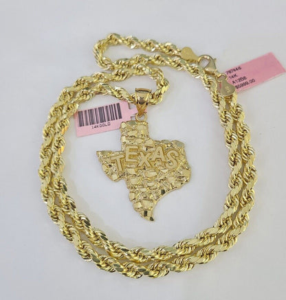 Real 14k Rope Chain Texas Map Charm Set 6mm 18"-26" Necklace Yellow Gold