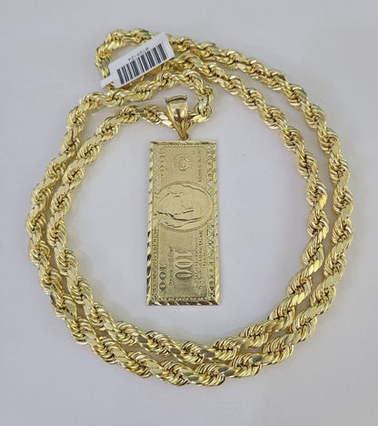 Real 10k Rope Chain 100$ Bill Money Charm Set 7mm 20"-28" Inch Necklace Gold