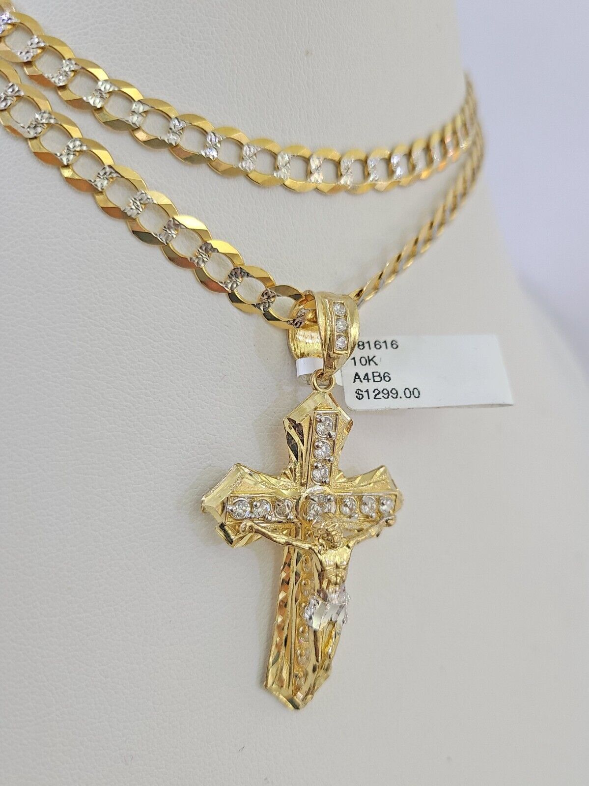 10k Solid Gold Cuban Curb Chain Jesus Cross Pendant 6mm 20"-30" SET Necklace