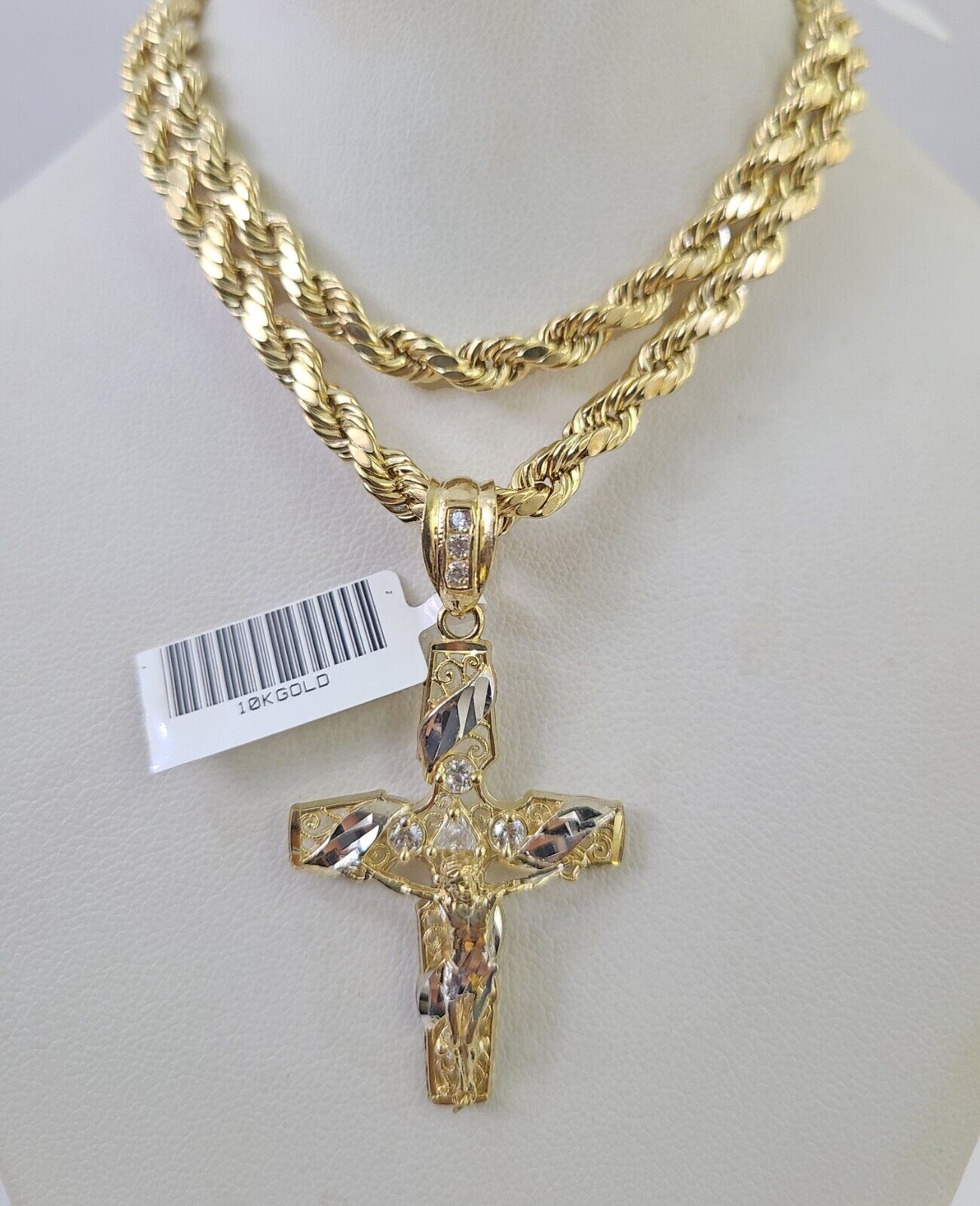 Real 10k Rope Chain Jesus Cross Charm Necklace Pendant Set 5mm 20"-30" Inch Gold