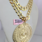 14k Gold Chain Mayan Calendar Charm Solid Cuban Curb 10mm 20"-30" SET Necklace