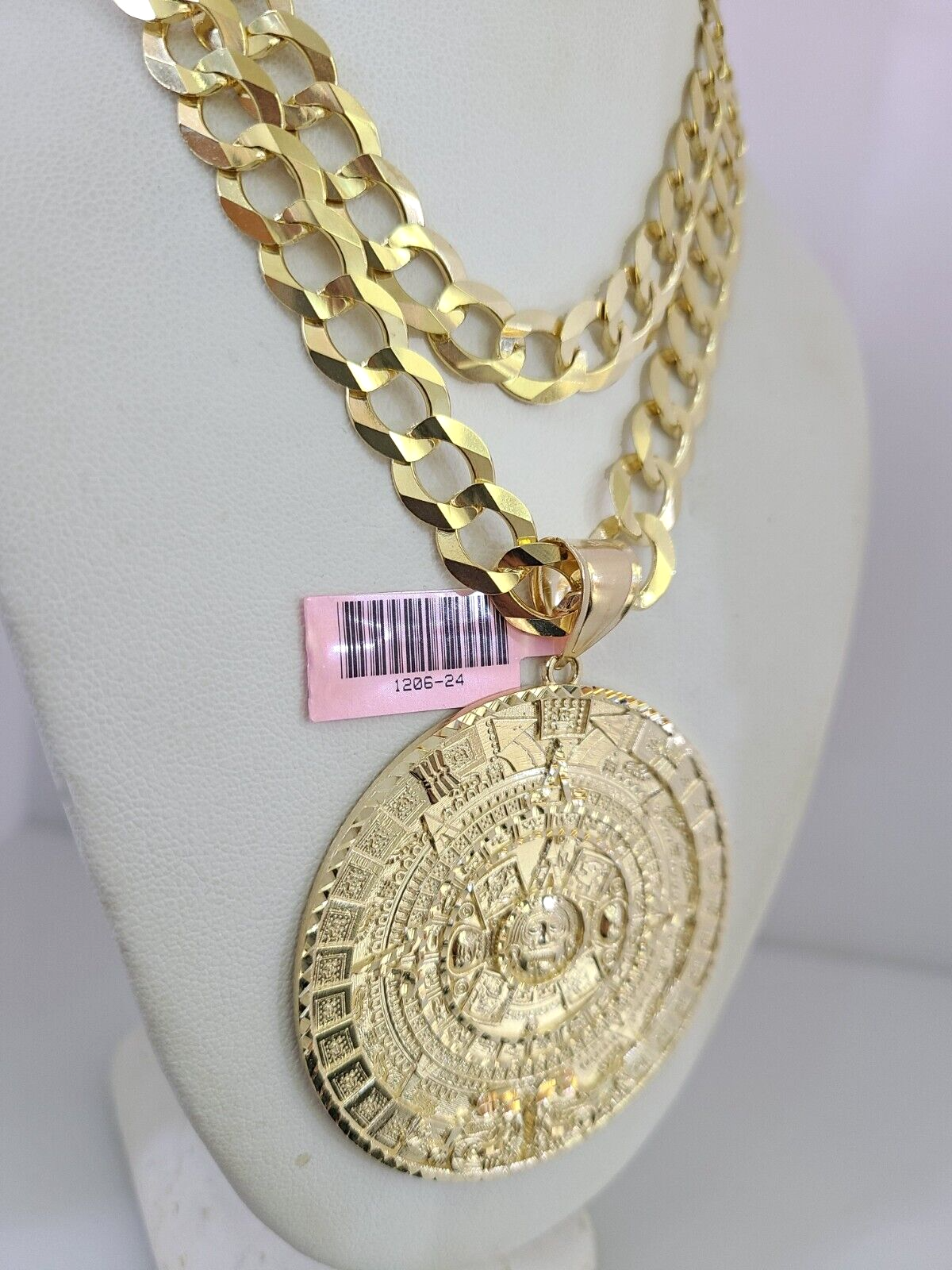 14k Gold Chain Mayan Calendar Charm Solid Cuban Curb 10mm 20"-30" SET Necklace