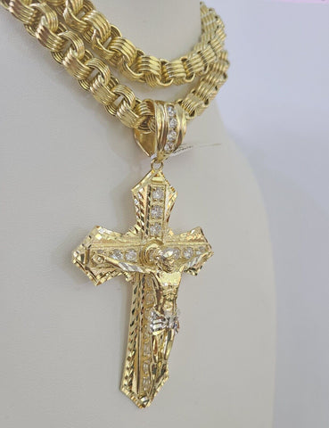 10k Gold Byzantine Necklace Jesus Cross Charm 20-30 inches 9mm REAL SET Chain