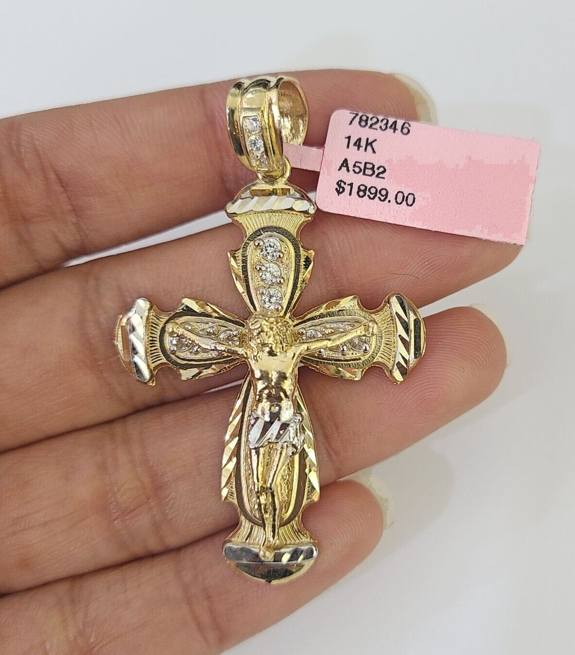 14k Jesus Christ CZ Cross Charm Pendant Yellow Gold REAL Genuine Diamond Cuts