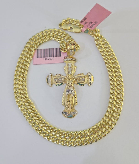 Real 14k Chain Cross Charm Set Miami Cuban Link 5mm 18"-30" Necklace Pendant