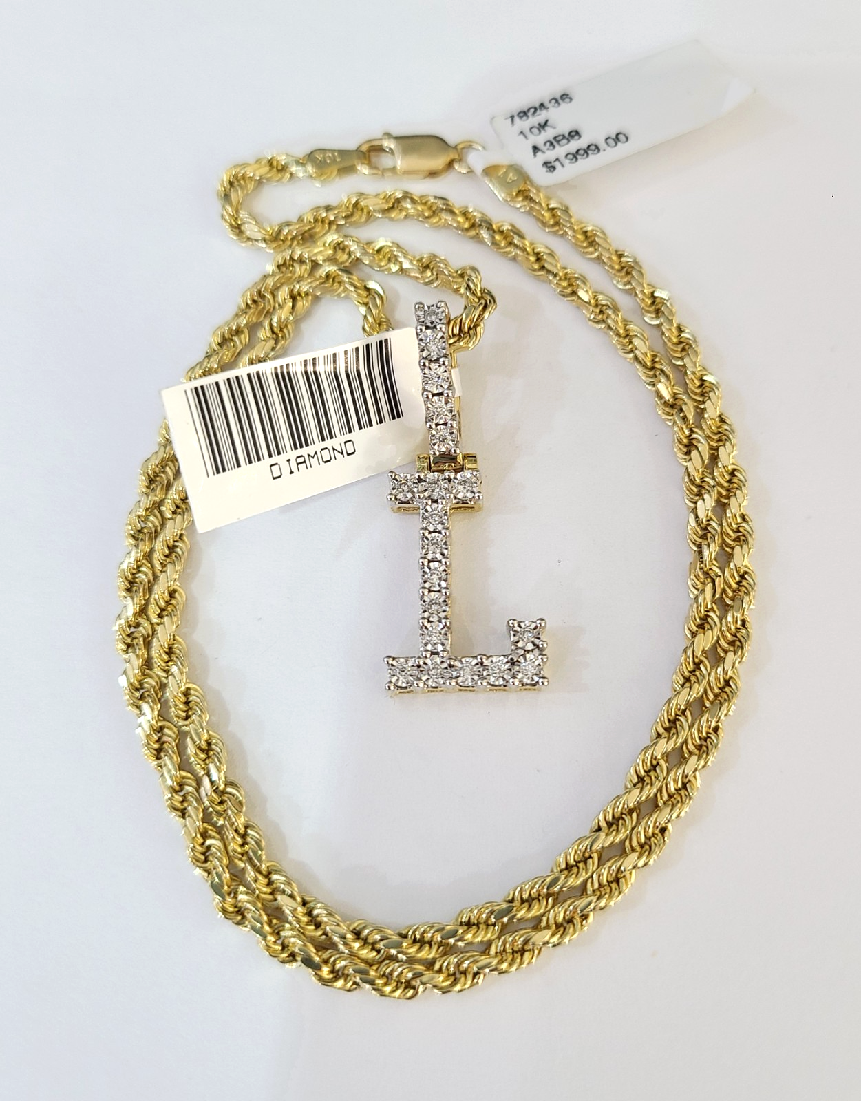 10k Rope Chain L Diamond Initial Charm Necklace Pendant Set 2mm 18"-24" Gold