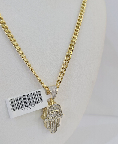 10k Yelow Gold Diamond Hamsa Hand Charm Miami Cuban Link Chain Necklace DISCOUNT